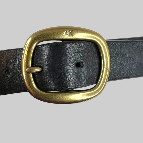 CK Italian Saddle Leather Belt in Black and Gold Women's Size Small - Picture 2 of 12